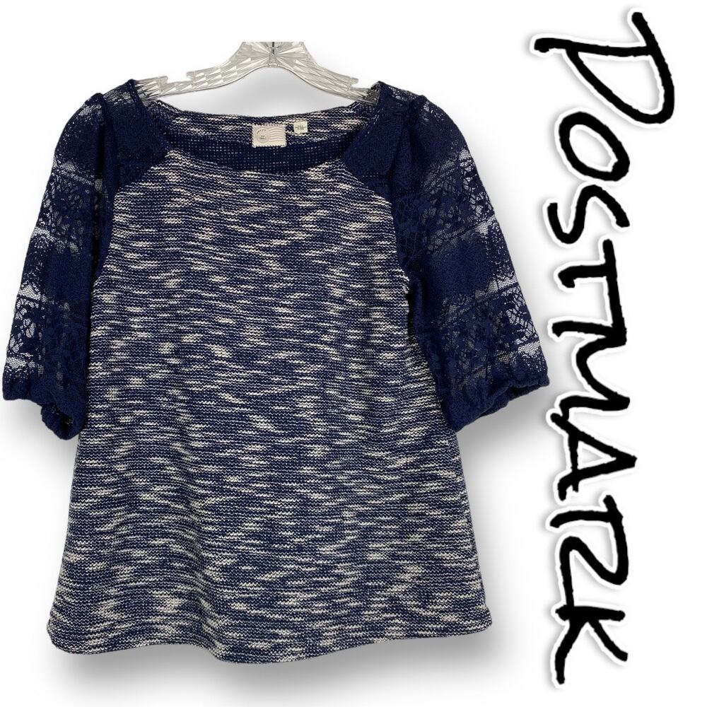 Postmark Anthropologie Parrel Marled Lace Blouse Navy Blue Womens Size Small